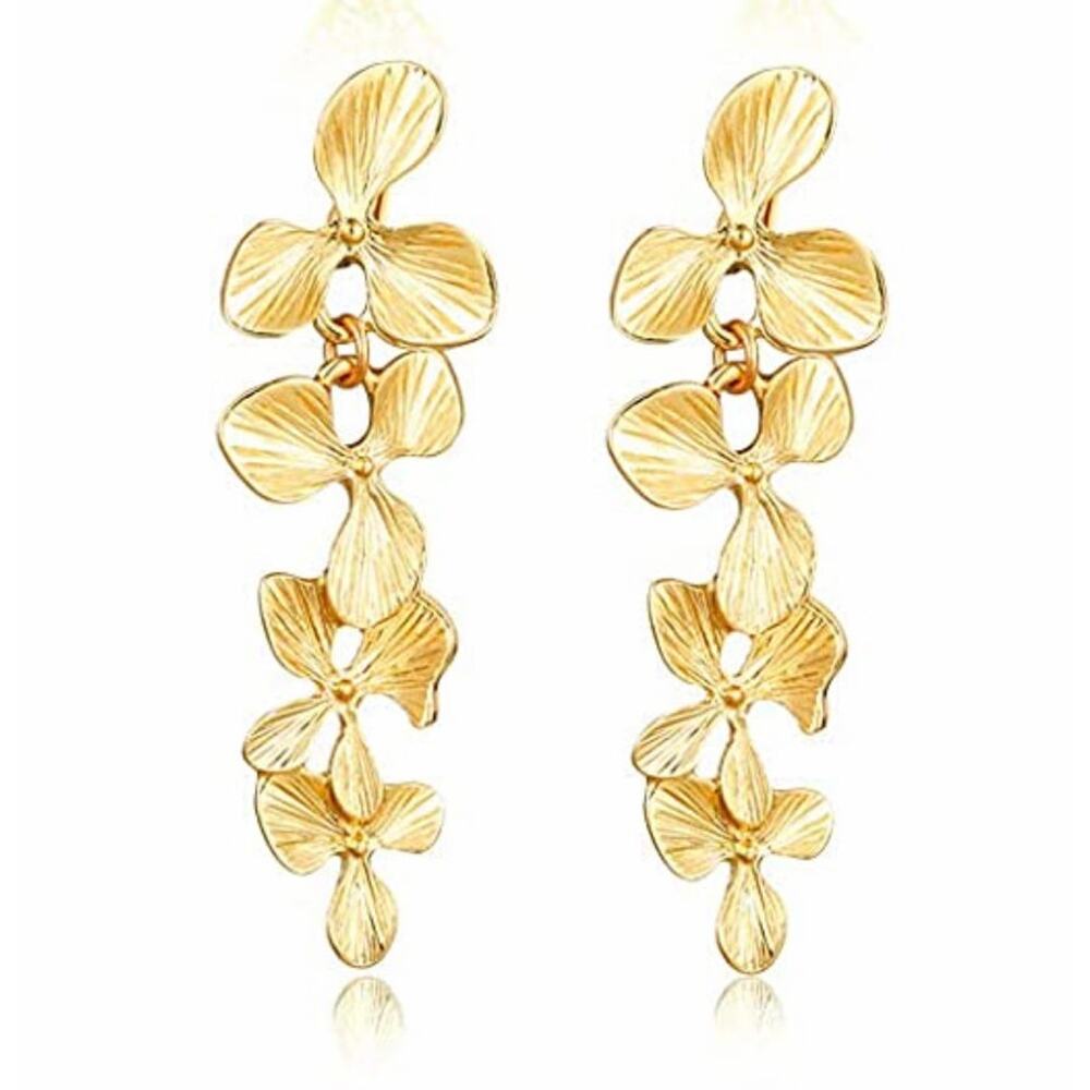 Flower Gold Dangle Earrings SCREW BACK Clip on